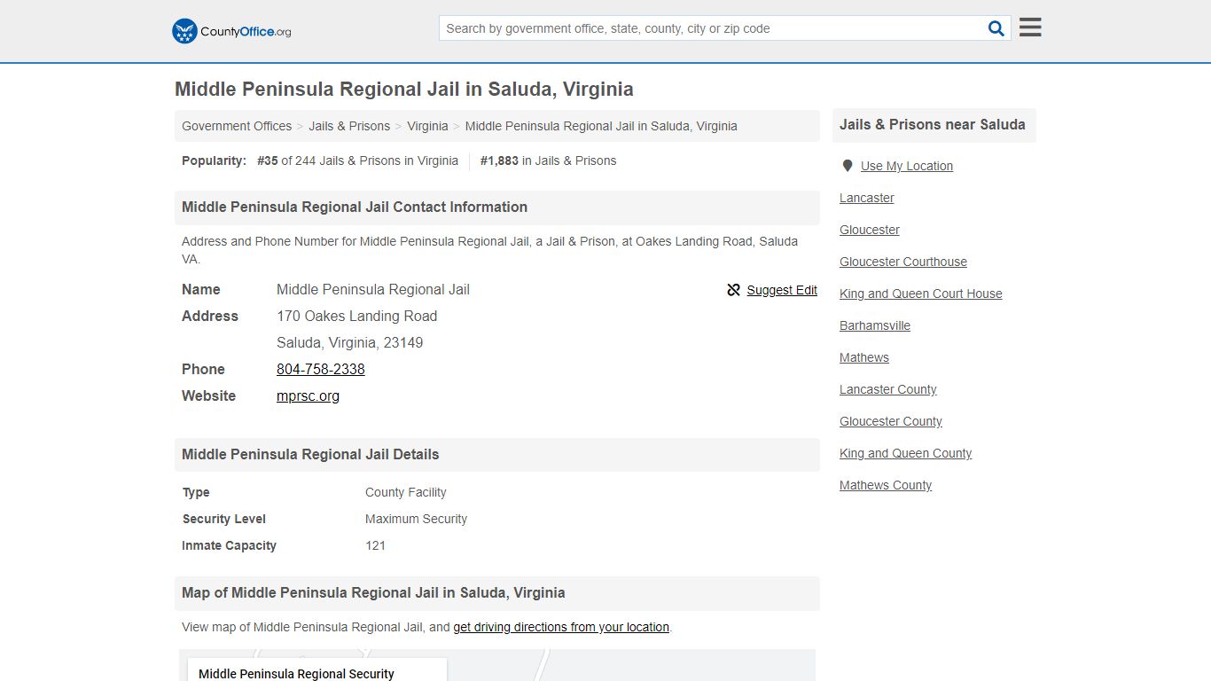 Middle Peninsula Regional Jail - Saluda, VA (Address and Phone)