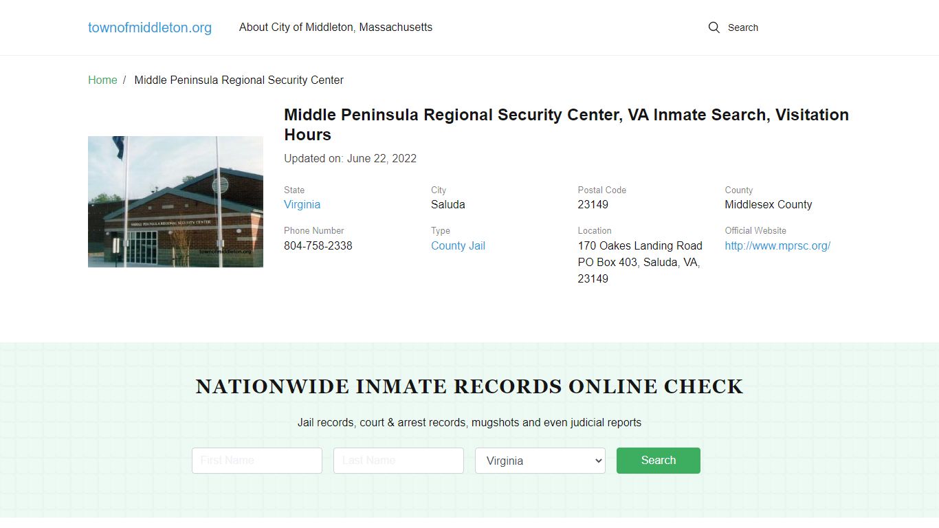 Middle Peninsula Regional Security Center , VA Inmate Search ...