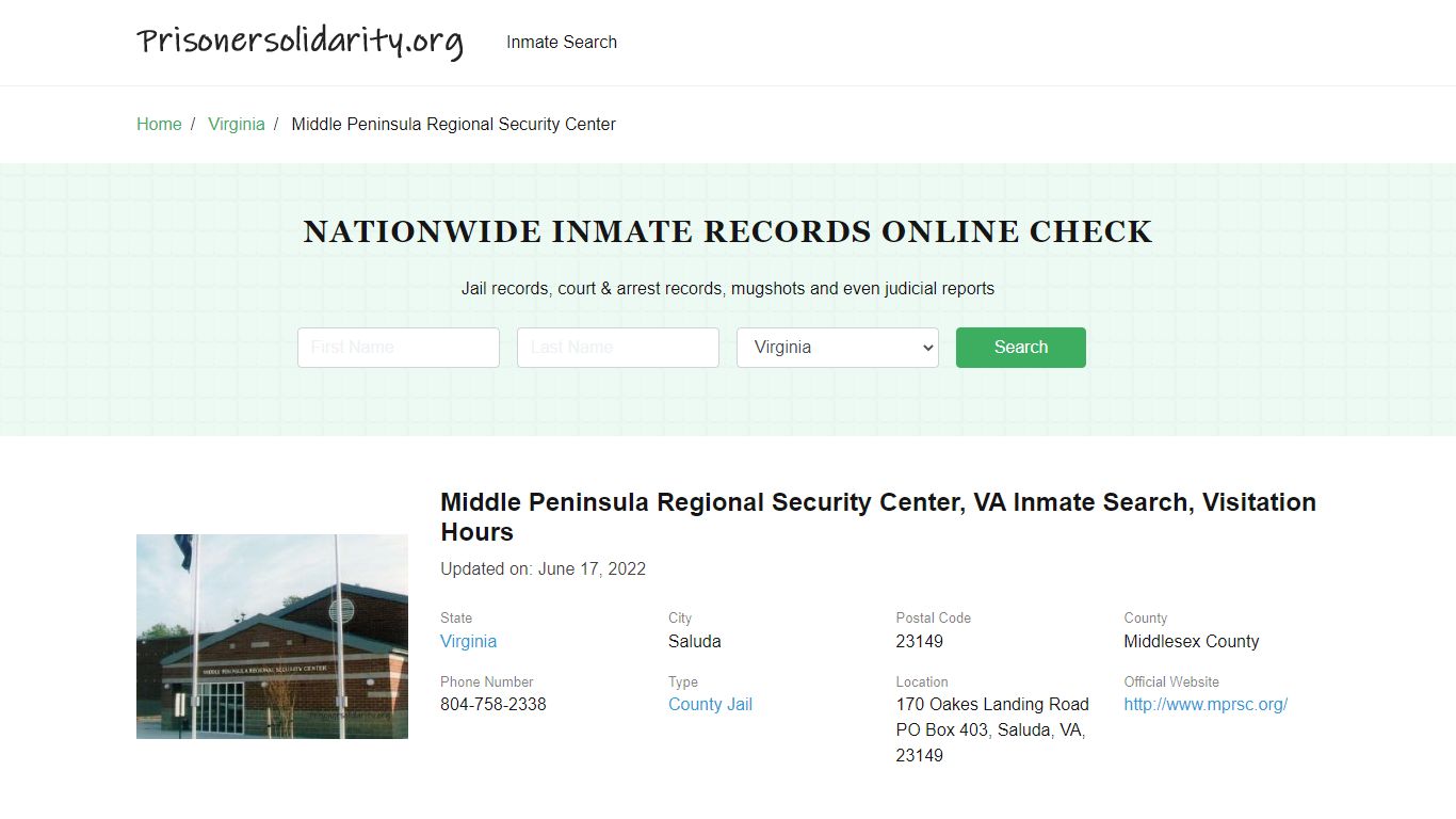 Middle Peninsula Regional Security Center , VA Inmate Search ...